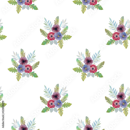 Fototapeta Naklejka Na Ścianę i Meble -  Seamless botanical pattern on a white background. Decorative ornament. Set of flowers for postcards and prints. For design.Hand drawn watercolor flowers. wrapping paper