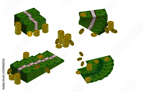 set of bunches stacks dollar in flat style or coin dollar in different style or finance currency concept in doodle. eps 10 vector, easy to modify