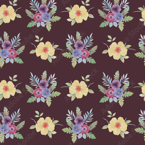 Seamless watercolor flowers pattern. Flowers and leaves. Hand painted color. Floral pattern for design. Seamless floral pattern.  Painted flowers for packaging  wallpaper  fabrics.