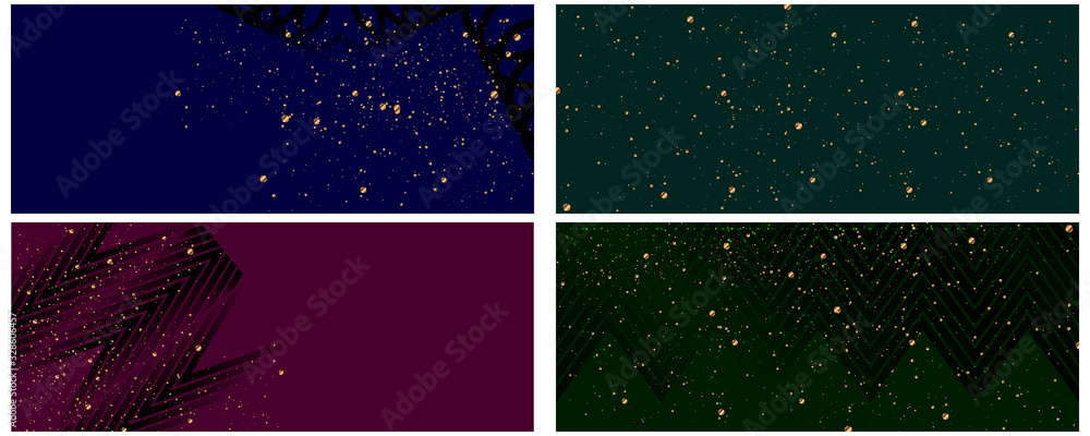 Obraz premium Set of dark multicolored muted backgrounds with gold sparkles pattern. Art Deco Banner Cover