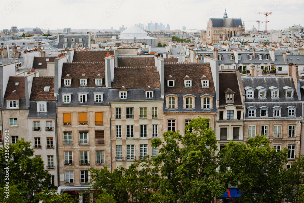 Top view of the houses and roofs of Paris