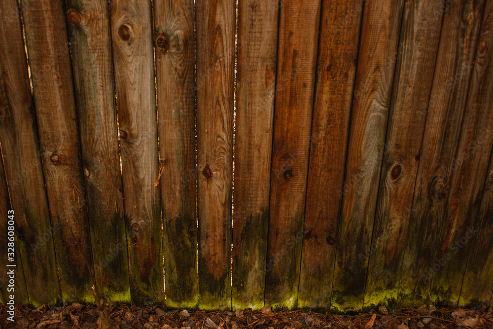 Fototapeta premium Rustic Wooden Fence With Moss Growing on it. Wood, exteriors.