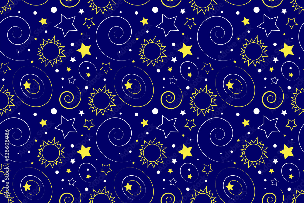image space pattern, sun and stars in space, abstraction of space in a seamless background, night sky, pattern for creativity, astronomical theme