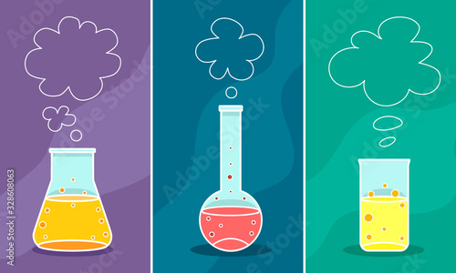 chemical experiments in three cobles, notes on experiments, empty space for formulas and notes on science, pharmaceuticals, blank for postcards and brochures