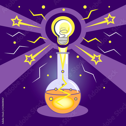 chemical experience, scientific discovery, experiment with electricity, light bulb lit up, stars and lightnings, an idea came, a new discovery, a breakthrough in science.