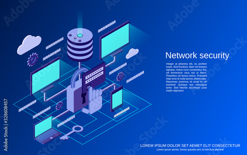 Network security, information protection flat 3d isometric vector concept illustration