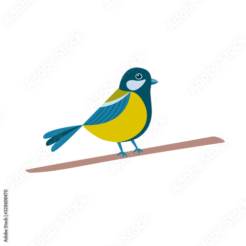 Great tit bird sitting on branch isolated on white background. Vector illustration