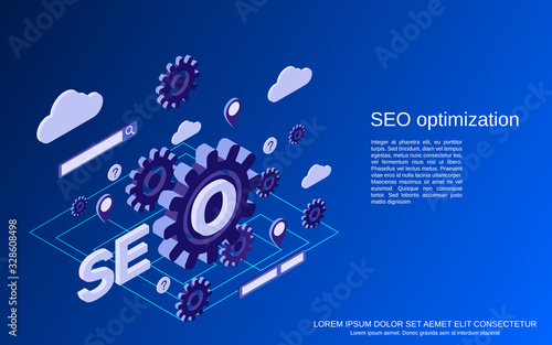 SEO optimization process, information processing, web search flat isometric vector concept illustration