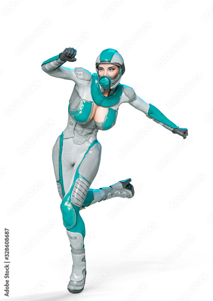 comic woman in a sci fi outfit running