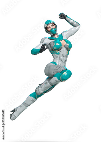 comic woman in a sci fi outfit doing a jump attack side view