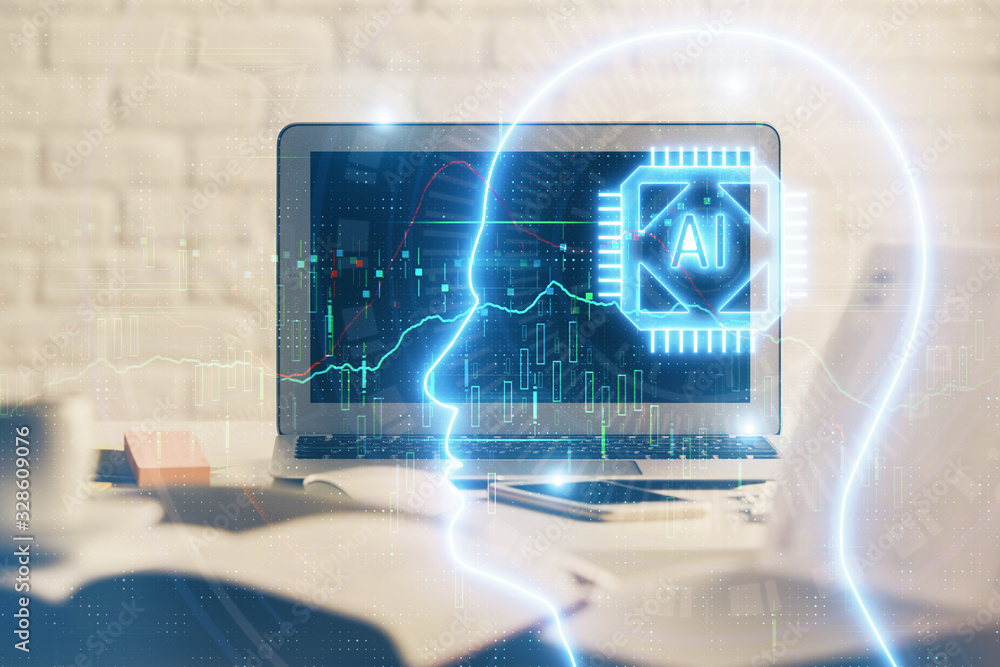 Double exposure of work space with computer and human brain drawing hologram. Brainstorm concept. Double exposure of work space with computer and human brain drawing hologram. Brainstorm concept.