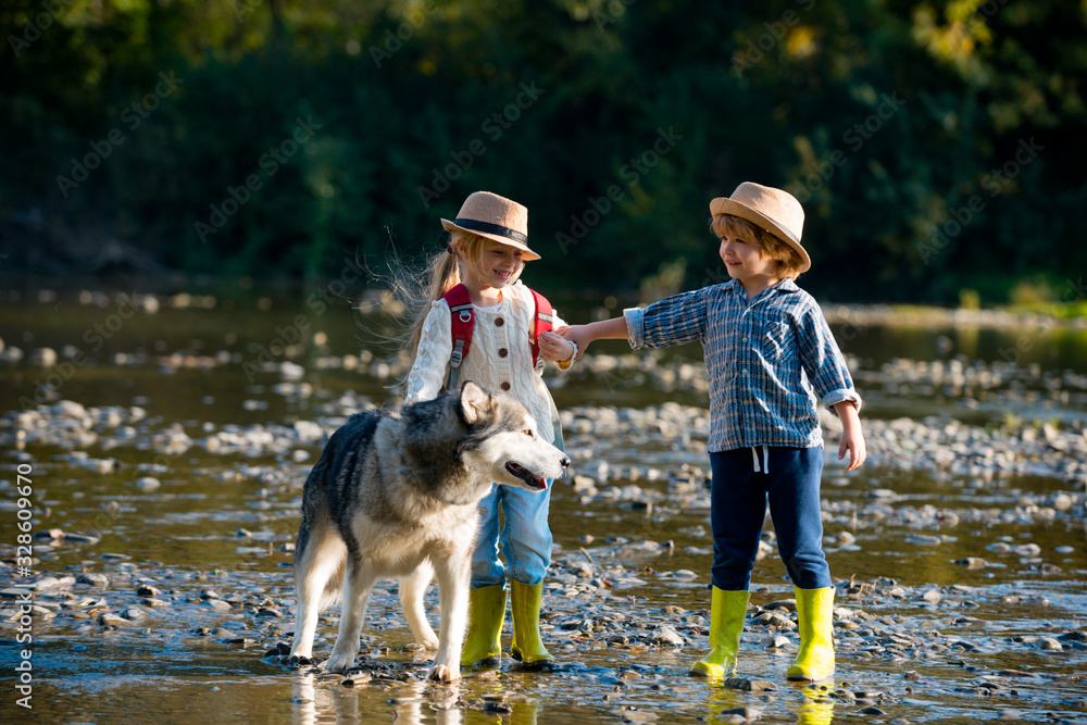 Kids hiking in the river. Little boy and girl walking over river. Travel and trekking with children. Active kids exploring nature. Kids hiking in the river. Little boy and girl walking over river. Travel and trekking with children. Active kids exploring nature.