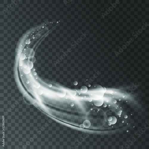 Abstract white foam. Effect of spray, whirlwind and blizzard on transparent background. Dynamic 3d elements for design of washing powders and liquid detergents