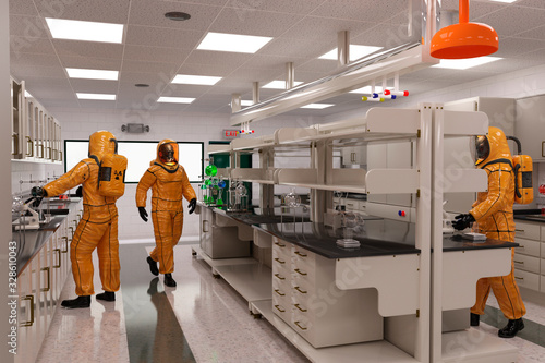 Man in a biohazard suit works in a biolaboratory 3d illustration photo