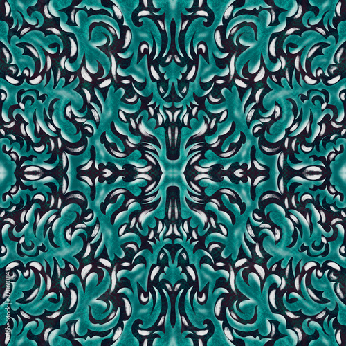 Emerald colored floral ornaments drawing on a dark blue background, seamless pattern