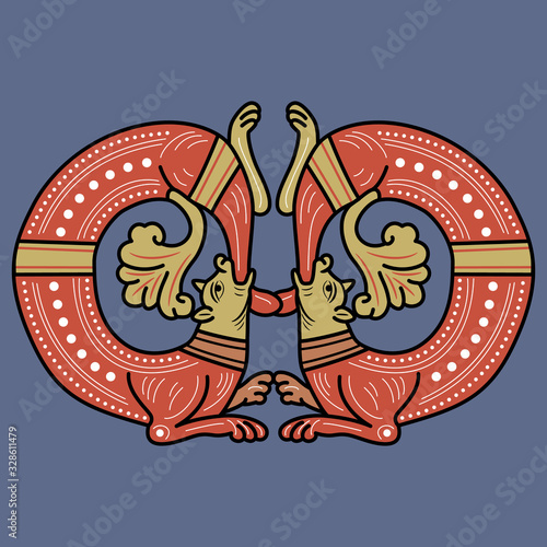 Isolated vector illustration. Symmetrical animal decor with two fantastic medieval dragons. Gothic illuminated manuscript motif.
