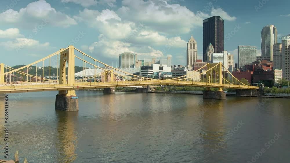 Aerial: Andy Warhol bridge over the Allegheny River & downtown Pittsburgh, Pennsylvania, USA Aerial: Andy Warhol bridge over the Allegheny River & downtown Pittsburgh, Pennsylvania, USA