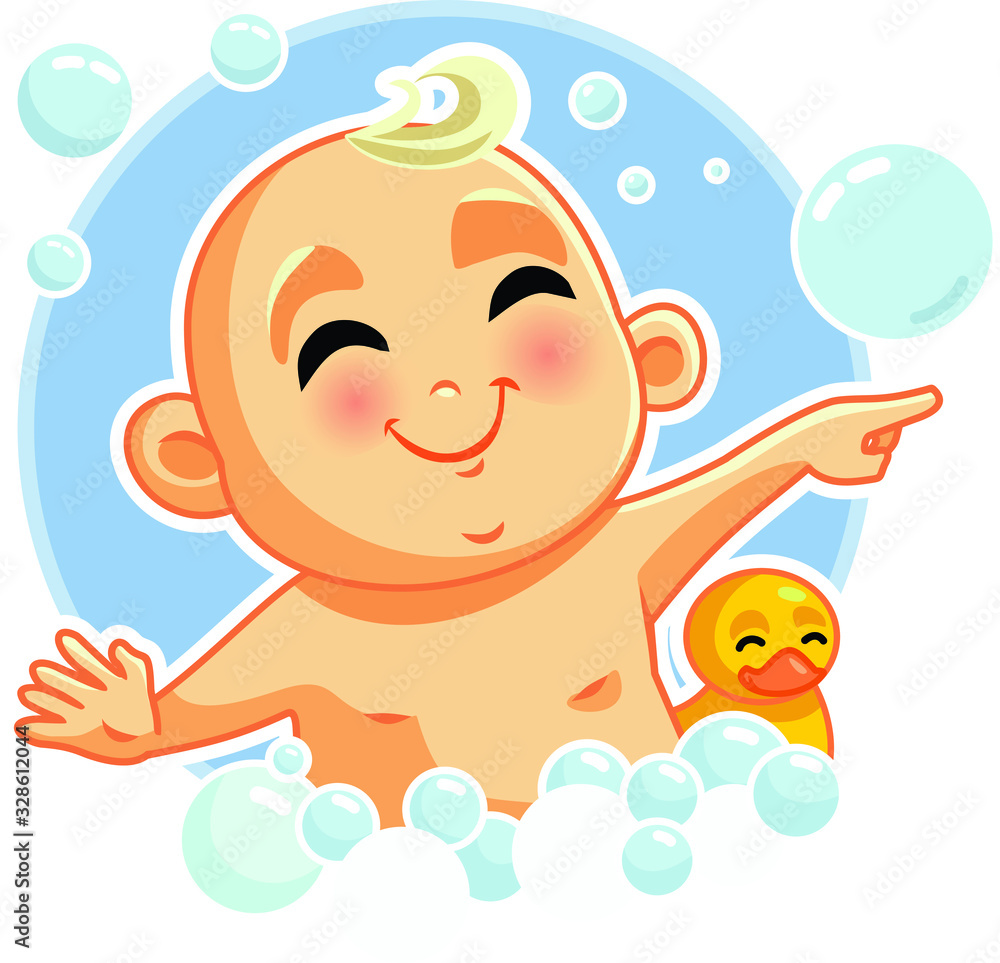 Baby Taking a Bath with Rubber Duck Vector Cartoon