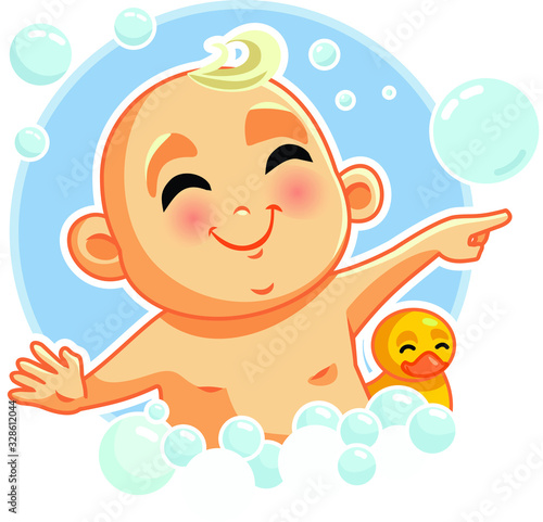 Baby Taking a Bath with Rubber Duck Vector Cartoon