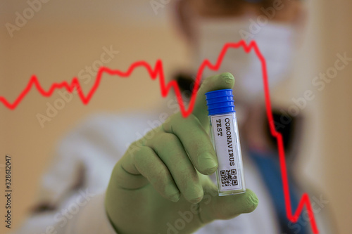 falling stock market prices, SIGNIFICANT PRICE LOSS EXPECTED - fear of the economic consequences of a coronavirus pandemic, Test tube with self-generated crq-code: corona test
