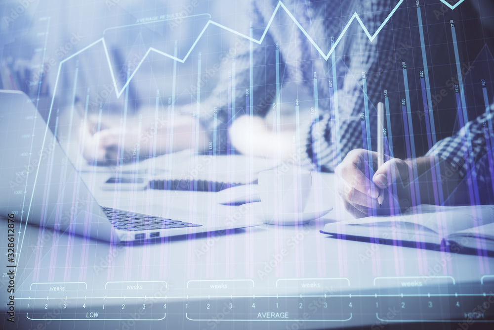 Multi exposure of forex chart with man working on computer on background. Concept of market analysis. Multi exposure of forex chart with man working on computer on background. Concept of market analysis.