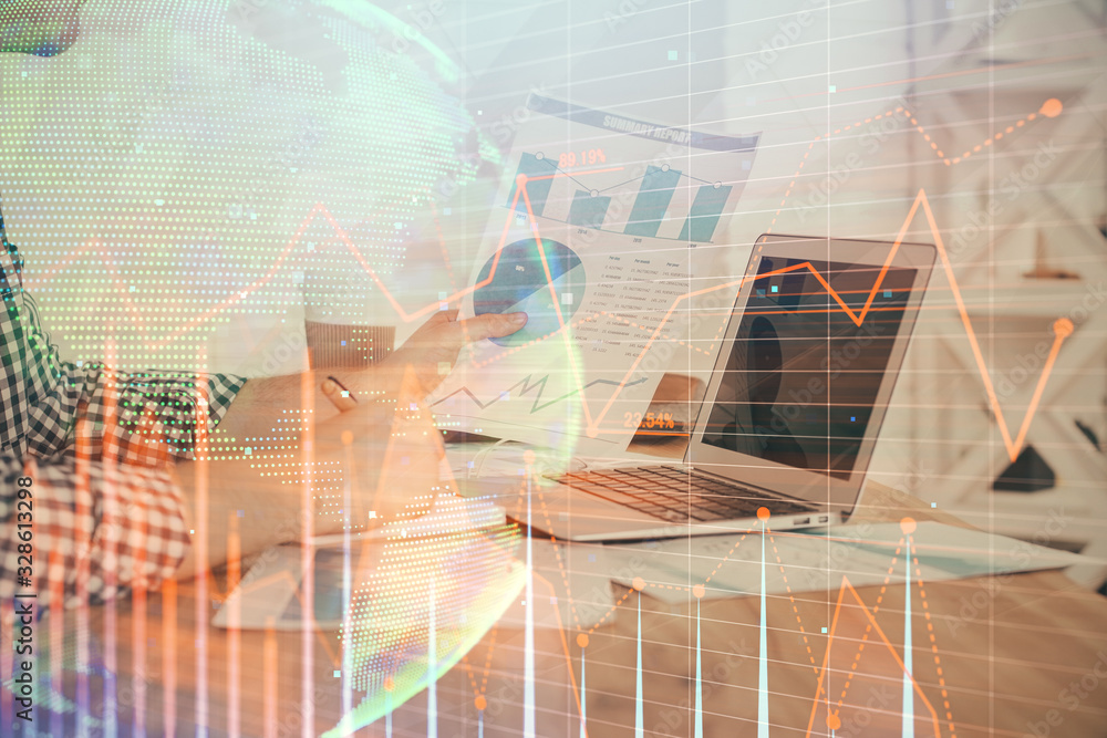 Double exposure of financial graph with man works in office on background. Concept of analysis. Double exposure of financial graph with man works in office on background. Concept of analysis.