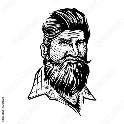 Vector illustration of beard hipster man portrait in engraved style