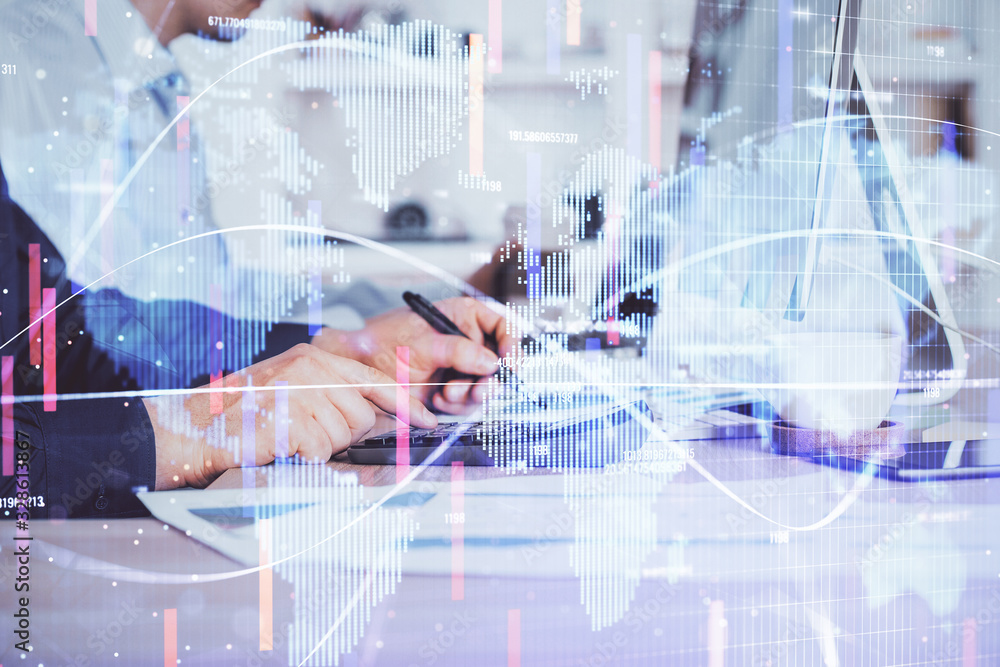Double exposure of businessman working on laptop on background. International business hologram in front. Concept of success. Double exposure of businessman working on laptop on background. International business hologram in front. Concept of success.
