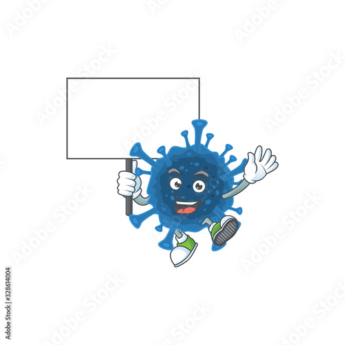 A picture of coronavirus desease cartoon character with board