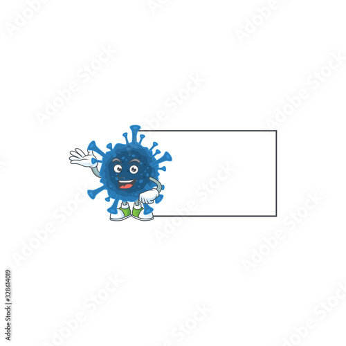 Cheerful coronavirus desease mascot style design with whiteboard