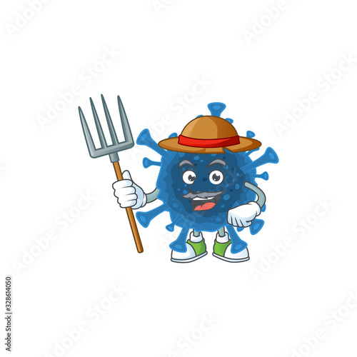 sweet Farmer coronavirus desease cartoon mascot with hat and tools