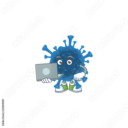 A smart coronavirus desease mascot icon working with laptop