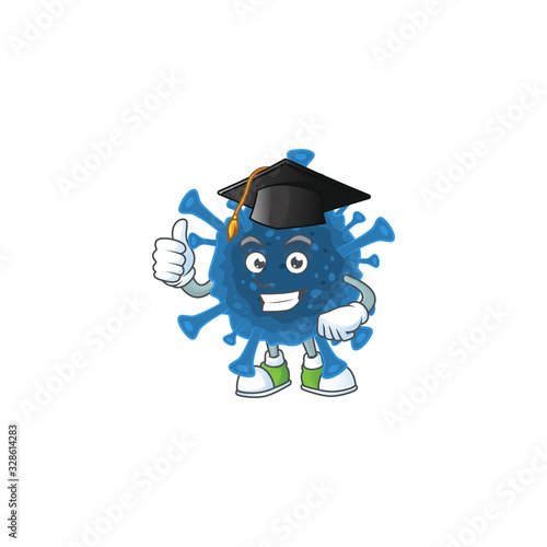 A happy character of coronavirus desease in a black Graduation hat