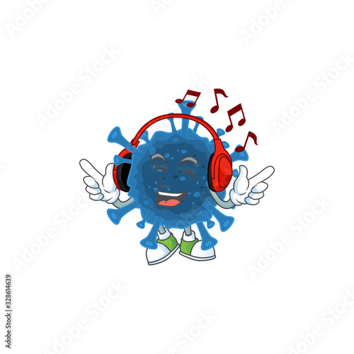 Coronavirus desease cartoon character design Listening music on a headset