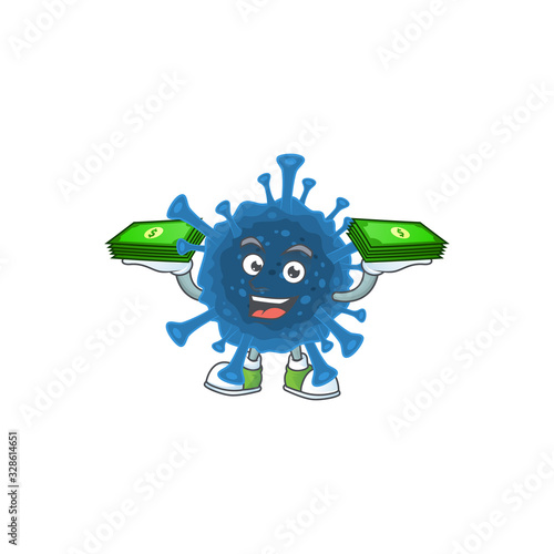 rich and famous coronavirus desease cartoon character with money on hands
