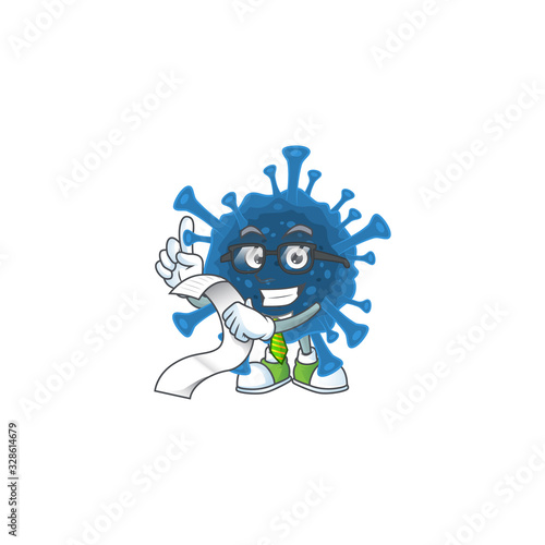 A funny face character of coronavirus desease holding a menu