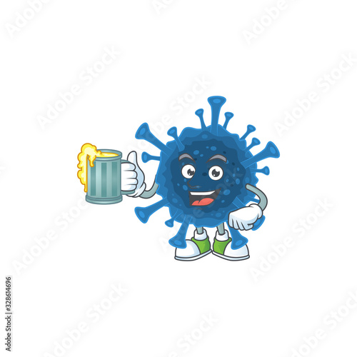Smiley coronavirus desease mascot design holding a glass of beer