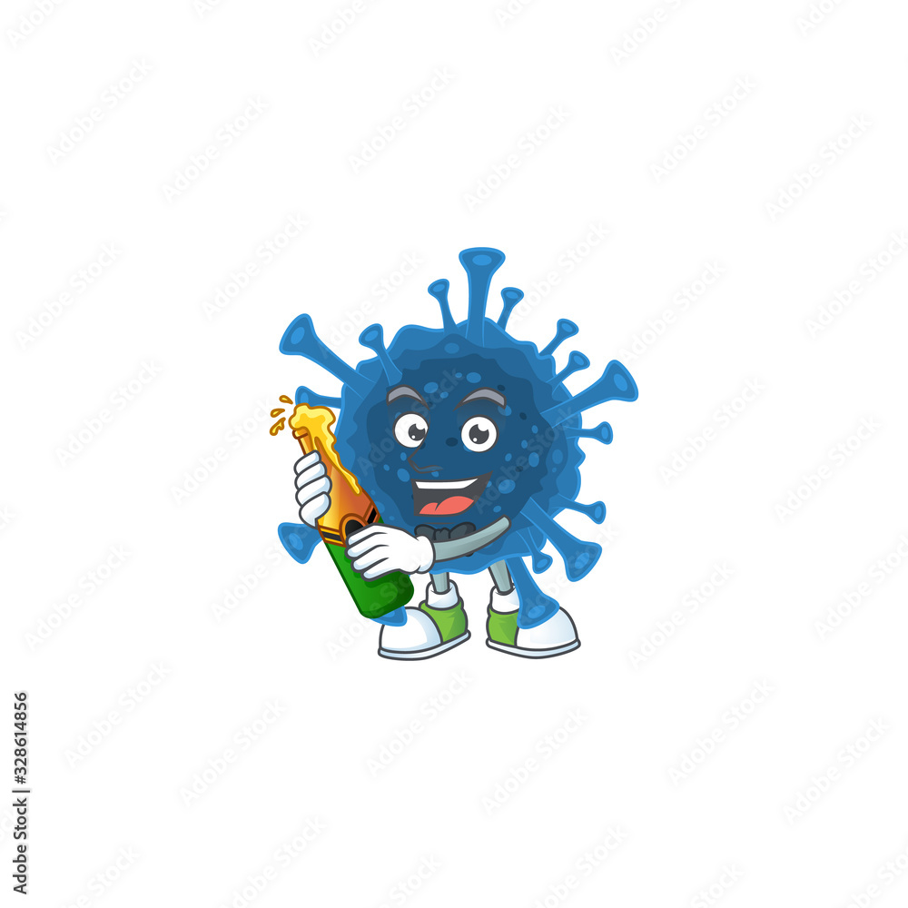 mascot cartoon design of coronavirus desease having a bottle of beer