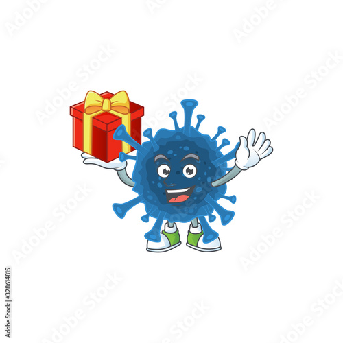 cartoon character of coronavirus desease with a box of gift
