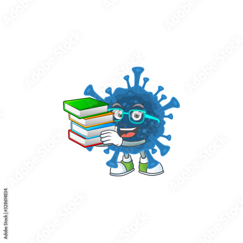 A brainy clever cartoon character of coronavirus desease studying with some books