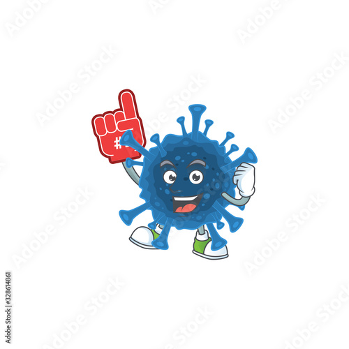 A cartoon design of coronavirus desease holding a Foam finger