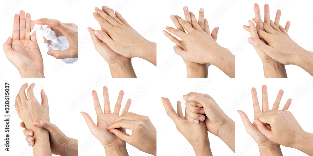 Man hands using wash hand sanitizer gel pump dispenser for protection coronavirus and bacteria, health care concept, 7 step wash hand Man hands using wash hand sanitizer gel pump dispenser for protection coronavirus and bacteria, health care concept, 7 step wash hand