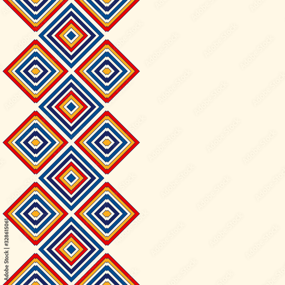 Bright ethnic seamless border on white background. Pattern with symmetric geometric ornament. Bright ethnic seamless border on white background. Pattern with symmetric geometric ornament.
