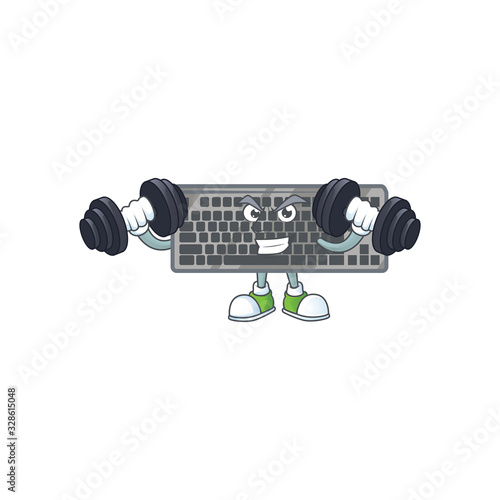 Black keyboard mascot icon on fitness exercise trying barbells