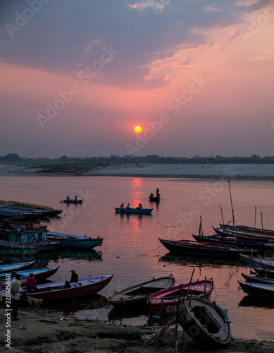 Pilgrims in boats in River Ganges at Varanasi going for early morning dip.