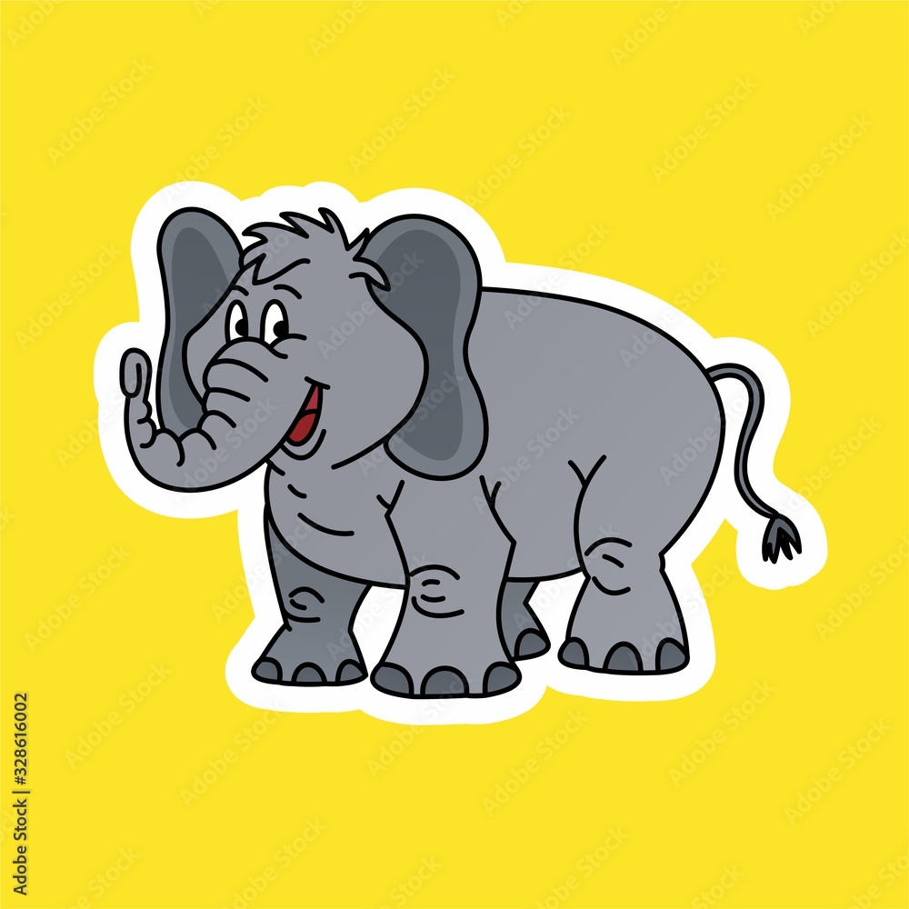Fototapeta premium Sticker of Elephant Smiled Cartoon, Cute Funny Character, Flat Design