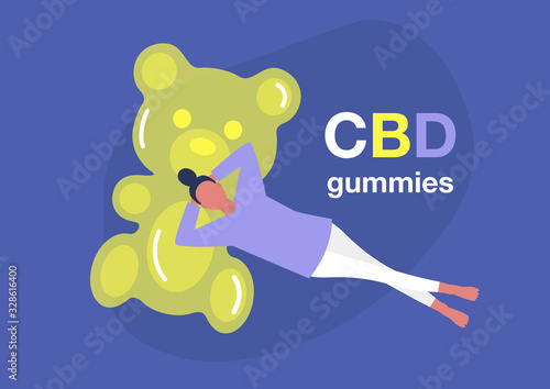 CBD edible jelly candy, young female character lying on a giant gummy bear, recreational drugs, relaxing atmosphere