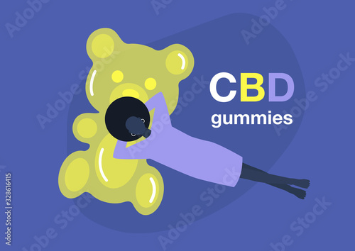 CBD edible jelly candy, young black female character lying on a giant gummy bear, recreational drugs, relaxing atmosphere