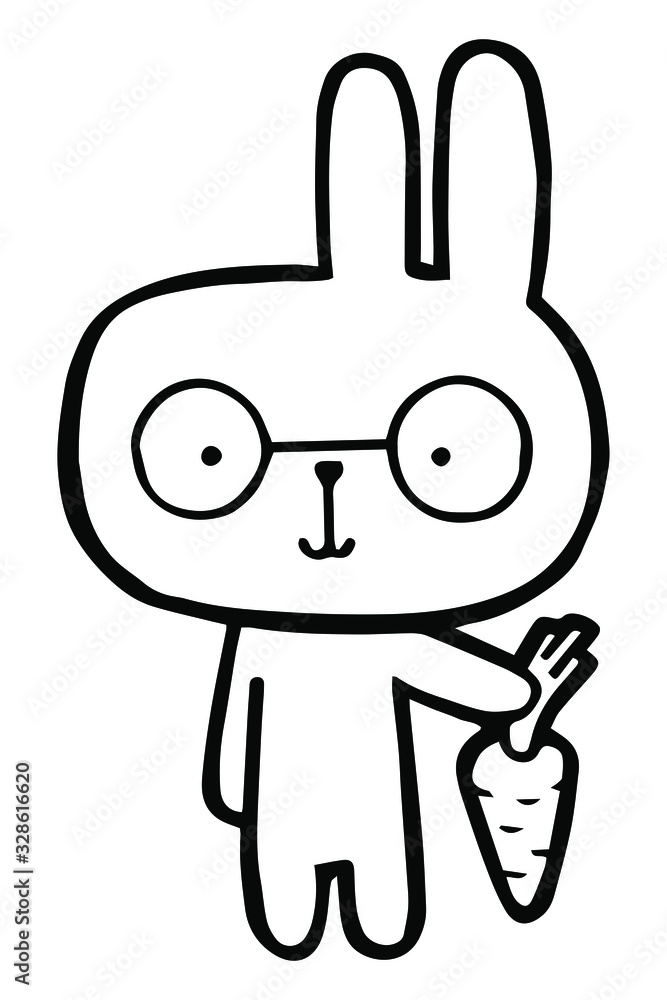 Vector illustration. Cartoon rabbit. Cute character. Rabbit with glasses. The rabbit holds a carrot in his hand. Coloring page. Emotions Stickers Black line. Use for kids stuff. Joy and happiness. Vector illustration. Cartoon rabbit. Cute character. Rabbit with glasses. The rabbit holds a carrot in his hand. Coloring page. Emotions Stickers Black line. Use for kids stuff. Joy and happiness.