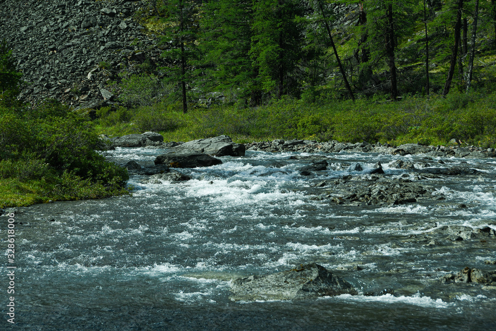 Fast river in mountain gorge. Stream with stone banks and green plants Fast river in mountain gorge. Stream with stone banks and green plants